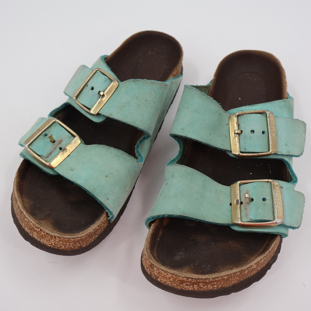 Birkenstock Arizona Sandals Womens 38 Turquoise Suede Two Strap Buckle Slides